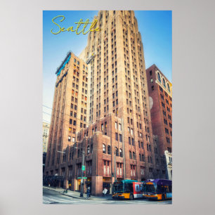 Seattle Iconic Tall Brick Building Cityscape View Poster