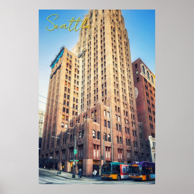 Seattle Iconic Tall Brick Building Cityscape View Poster (Front)