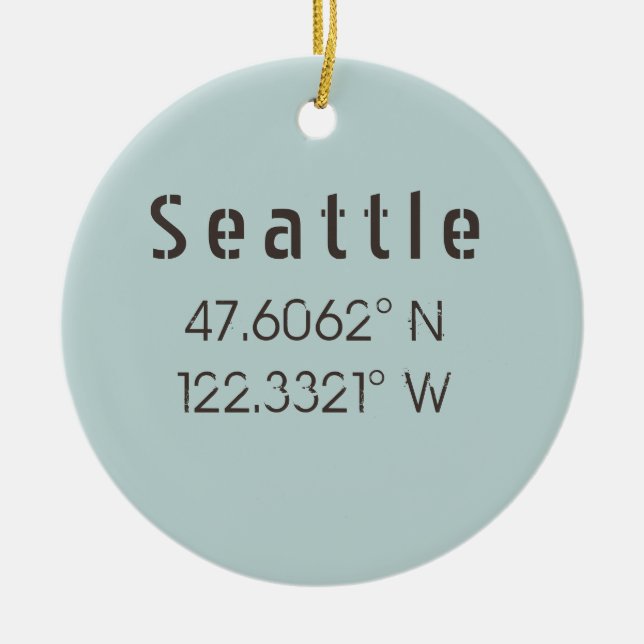 Seattle Latitude and Longitude Ceramic Tree Decoration (Front)