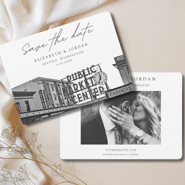 Seattle Save the Date Public Market Black & White  Invitation (Pikes Place Wedding Venue Save the Date)