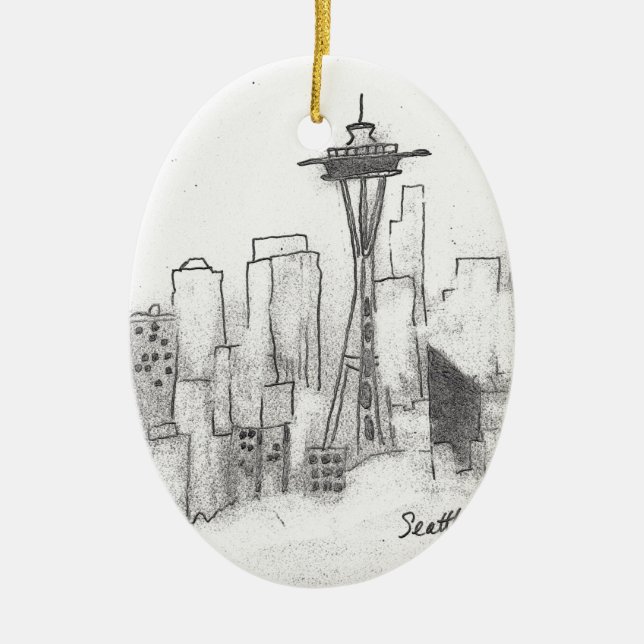 Seattle Sketch Ceramic Tree Decoration (Front)
