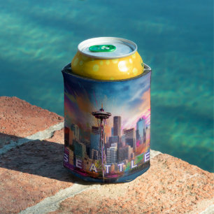 Seattle Skyline Abstract Art Can Cooler