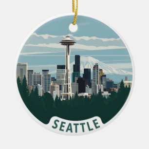 Seattle Skyline and Mount Rainier Ceramic Tree Decoration