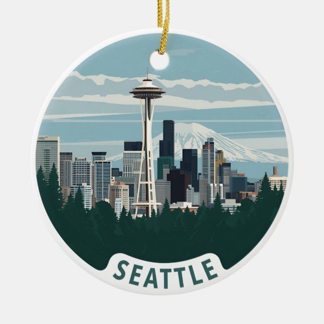 Seattle Skyline and Mount Rainier Ceramic Tree Decoration (Front)