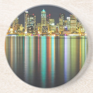 Seattle skyline at night with reflection coaster
