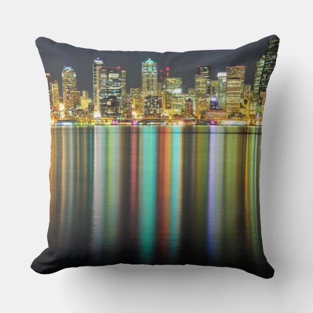 Seattle skyline at night with reflection cushion (Front)