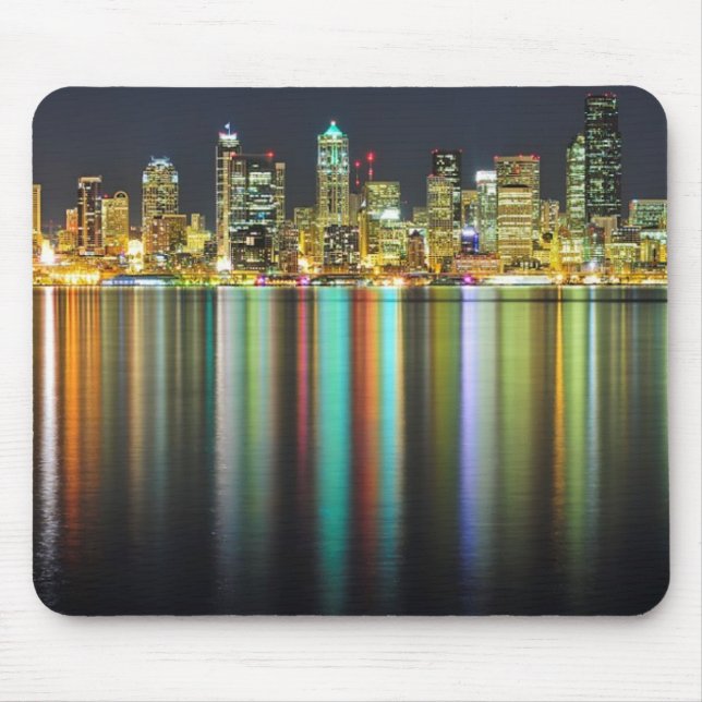 Seattle skyline at night with reflection mouse pad (Front)