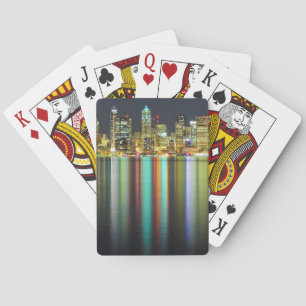 Seattle skyline at night with reflection playing cards