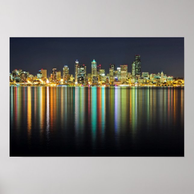 Seattle skyline at night with reflection poster (Front)
