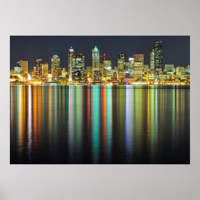 Seattle skyline at night with reflection poster (Front)
