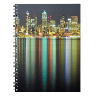 Seattle skyline at night with reflection spiral notebook
