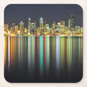 Seattle skyline at night with reflection square paper coaster
