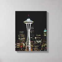 Seattle skyline at night, with Space Needle.
