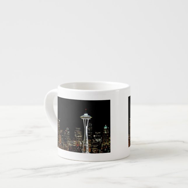 Seattle skyline at night, with Space Needle. Espresso Cup (Front Left)