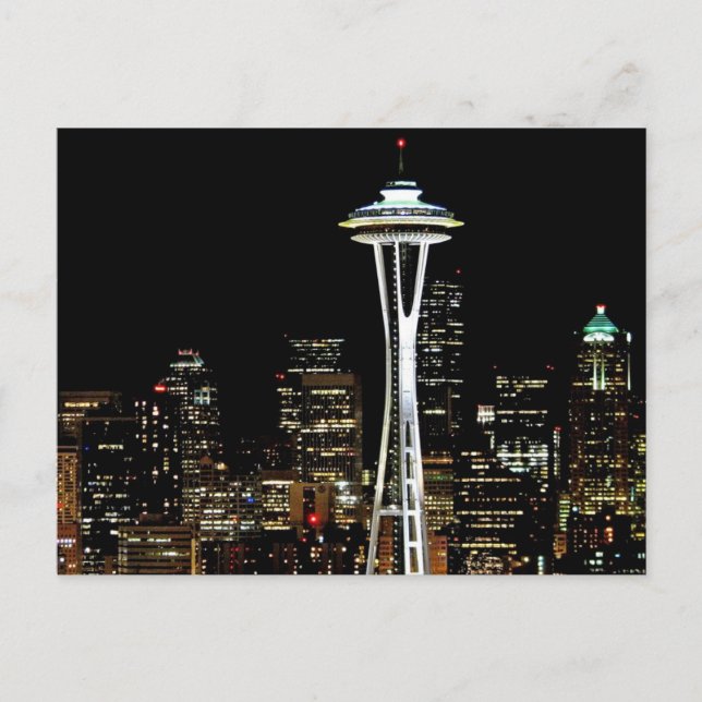 Seattle skyline at night, with Space Needle. Postcard (Front)