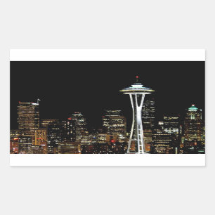Seattle skyline at night, with Space Needle. Rectangular Sticker