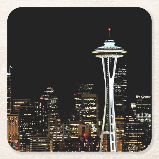 Seattle skyline at night, with Space Needle. Square Paper Coaster (Front)
