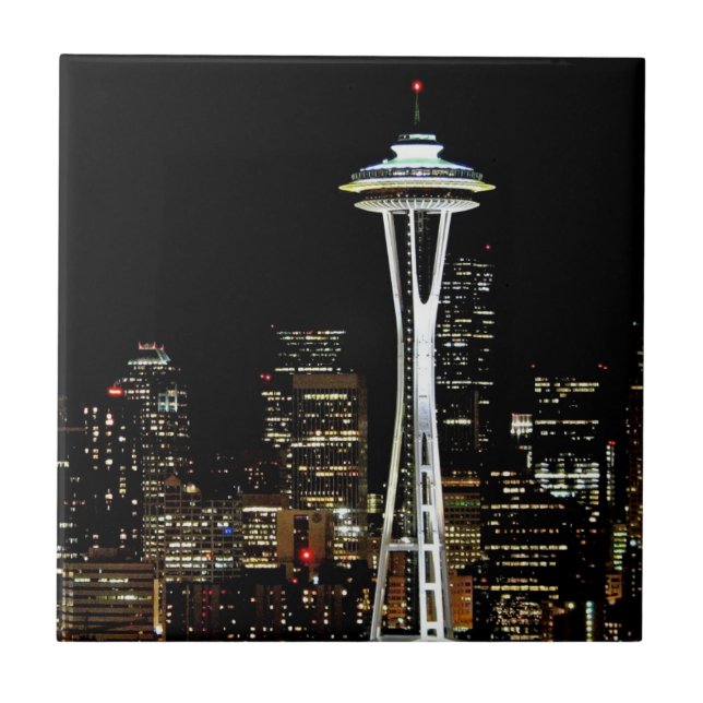 Seattle skyline at night, with Space Needle. Tile (Front)