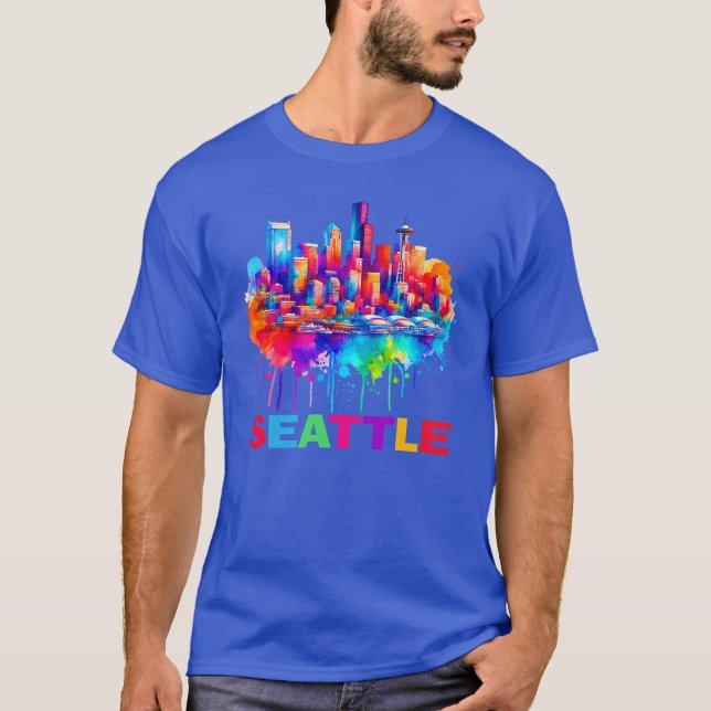 Seattle Skyline Colourful Design T-Shirt (Front)
