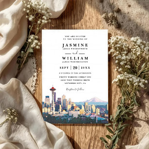 SEATTLE Skyline Destination Modern QR Code Wedding Invitation