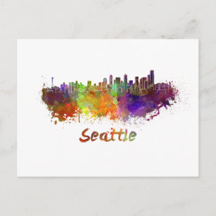 Seattle skyline in watercolor postcard