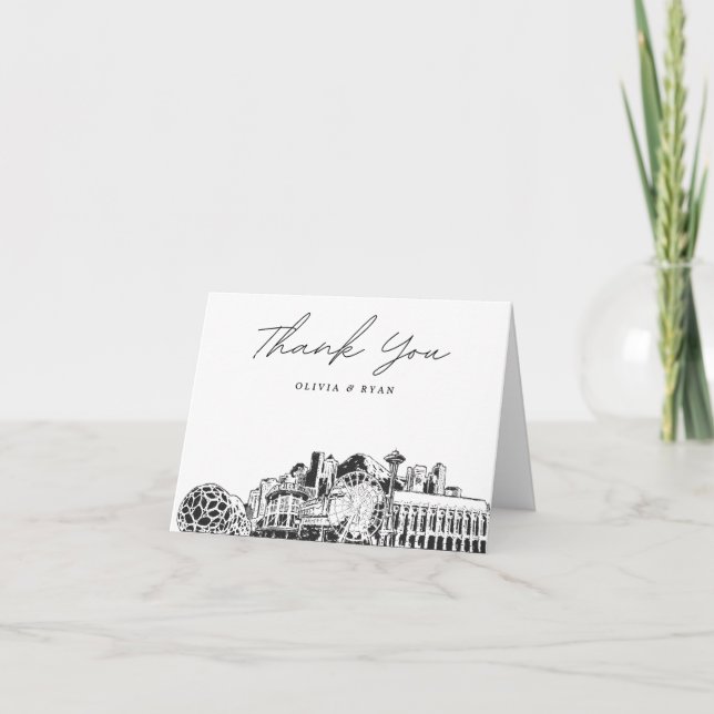 Seattle Skyline Sketch Blank Thank You Card (Front)