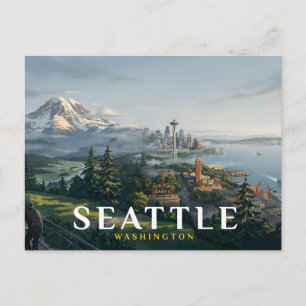 Seattle Skyline Space Needle Mount Rainier Travel Postcard