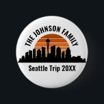 Seattle Skyline Sunset Custom Family Vacation 6 Cm Round Badge<br><div class="desc">Cool customised Seattle trip buttons featuring the city skyline at sunset. A silhouette of the city buildings in Washington,  including the space needle above your personalised text for your family vacation.</div>