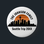 Seattle Skyline Sunset Custom Family Vacation 6 Cm Round Badge<br><div class="desc">Cool customised Seattle trip buttons featuring the city skyline at sunset. A silhouette of the city buildings in Washington,  including the space needle above your personalised text for your family vacation.</div>