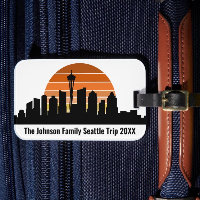 Seattle Skyline Sunset Custom Family Vacation Luggage Tag (Front Insitu 4)