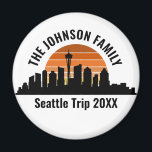 Seattle Skyline Sunset Custom Family Vacation Magnet<br><div class="desc">Cool customised Seattle trip magnets featuring the city skyline at sunset. A silhouette of the city buildings in Washington,  including the space needle above your personalised text for your family vacation.</div>