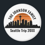 Seattle Skyline Sunset Custom Family Vacation Magnet<br><div class="desc">Cool customised Seattle trip magnets featuring the city skyline at sunset. A silhouette of the city buildings in Washington,  including the space needle above your personalised text for your family vacation.</div>