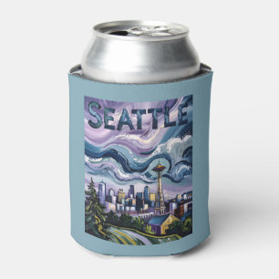 Seattle Skyline Van Gogh Style Vintage Travel Art Can Cooler