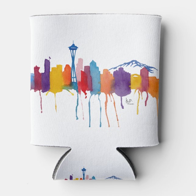 Seattle skyline w logo can cooler (Front)