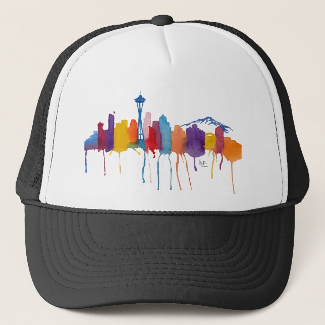 Seattle skyline w logo trucker hat (Front)