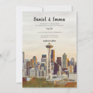 Seattle Skyline Watercolor Destination Wedding Invitation