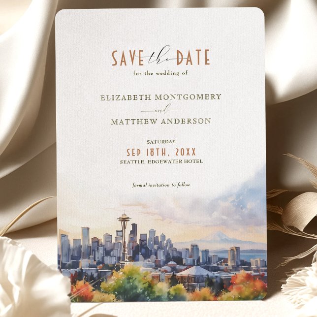 Seattle Skyline Watercolor Save the Date Wedding Invitation (Creator Uploaded)