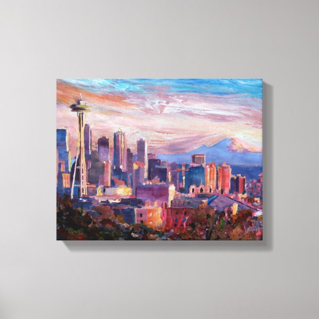 Seattle Skyline With Space Needle And Mt Rainier Canvas Print (Front)