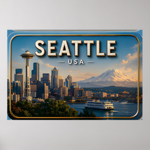 Seattle Space Needle and Mount Rainier  Poster