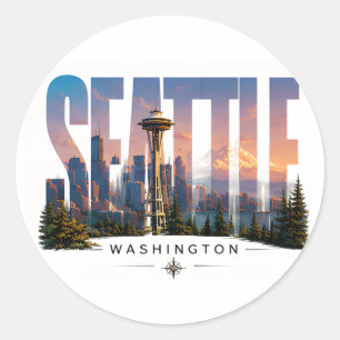 ☕ Seattle Travel Skyline Mountain Views ☕ Classic Round Sticker