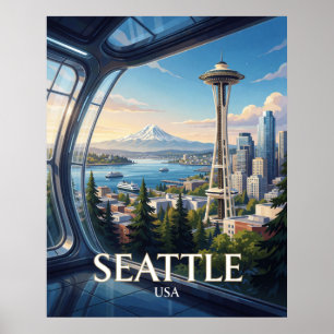 Seattle USA Space Needle Mountain Travel Poster