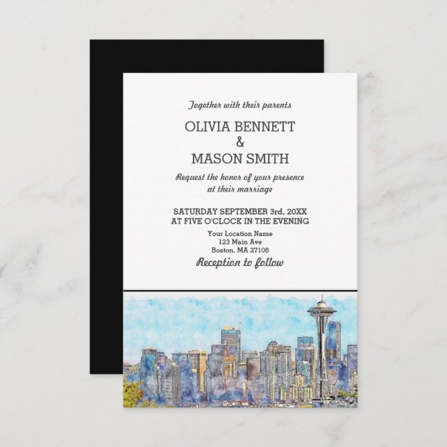 Seattle Wa Skyline Cityscape Wedding Invitation (Front/Back)