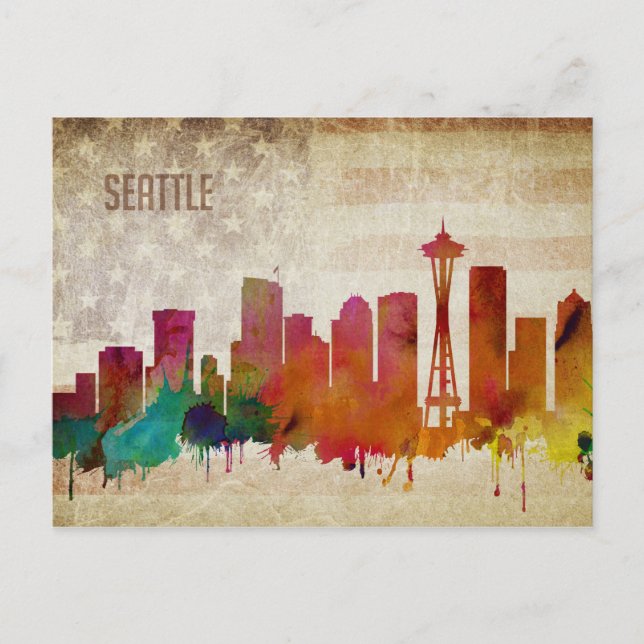 Seattle, WA | Watercolor City Skyline Postcard (Front)