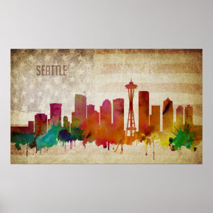 Seattle, WA   Watercolor City Skyline Poster