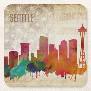 Seattle, WA Watercolor City Skyline Square Paper Coaster