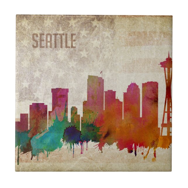 Seattle, WA | Watercolor City Skyline Tile (Front)