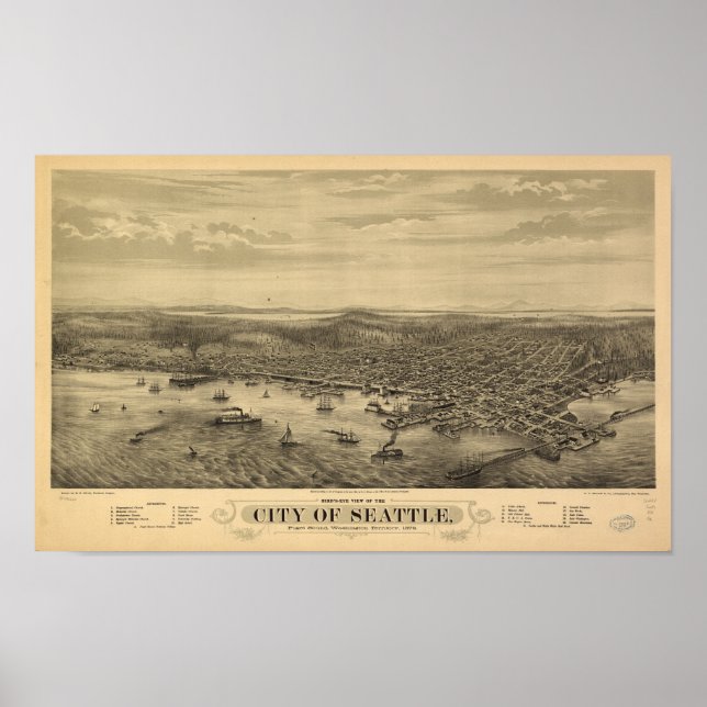 Seattle Washington 1878 Antique Panoramic Map Poster (Front)