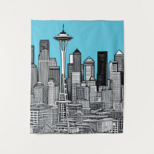 Seattle Washington Cityscape in Black and White Tapestry