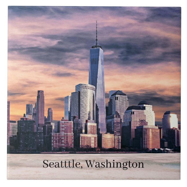 Seattle, Washington Cityscape, Labelled, Tile (Front)