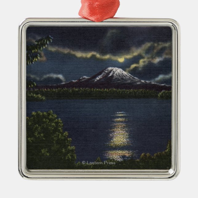 Seattle, Washington - Moonlit View of Mt. Metal Tree Decoration (Front)